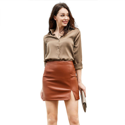 Women's Faux Leather Skirt High Waisted Bodycon Mini Skirt with Slit