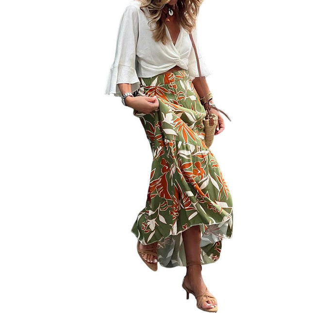 Women's Print Elastic High Waist Pleated Ruffle Flowy Maxi Skirts