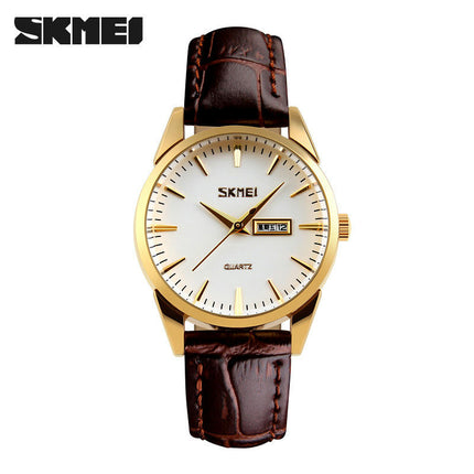 Couple Quartz Movement Waterproof Day/Date Leather Strap Watch