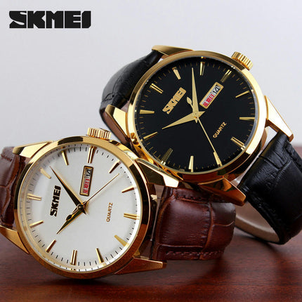 Couple Quartz Movement Waterproof Day/Date Leather Strap Watch