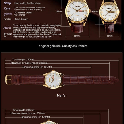 Couple Quartz Movement Waterproof Day/Date Leather Strap Watch