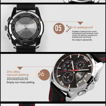 Men’s Sport Analog Quartz Watch Chronograph Waterproof Wristwatch with Leather Strap