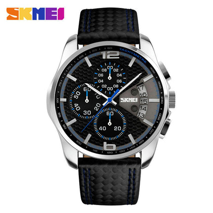 Men’s Sport Analog Quartz Watch Chronograph Waterproof Wristwatch with Leather Strap