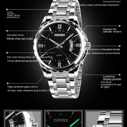 Men's Quartz Watches Date Waterproof Wristwatches,Stainsteel Steel Luminous Watch