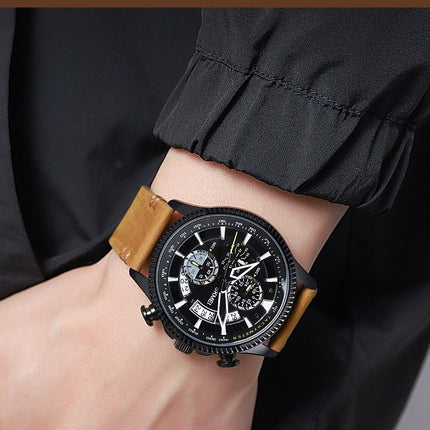 Men's Analog Quartz Watch Chronograph Waterproof Wristwatch with Leather Strap