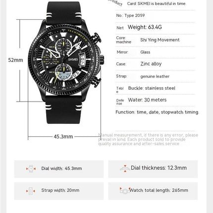 Men's Analog Quartz Watch Chronograph Waterproof Wristwatch with Leather Strap