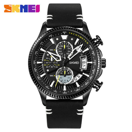 Men's Analog Quartz Watch Chronograph Waterproof Wristwatch with Leather Strap