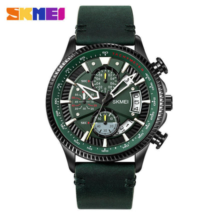 Men's Analog Quartz Watch Chronograph Waterproof Wristwatch with Leather Strap