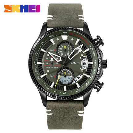 Men's Analog Quartz Watch Chronograph Waterproof Wristwatch with Leather Strap