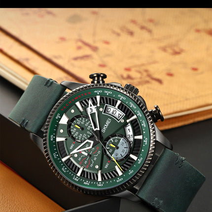 Men's Analog Quartz Watch Chronograph Waterproof Wristwatch with Leather Strap