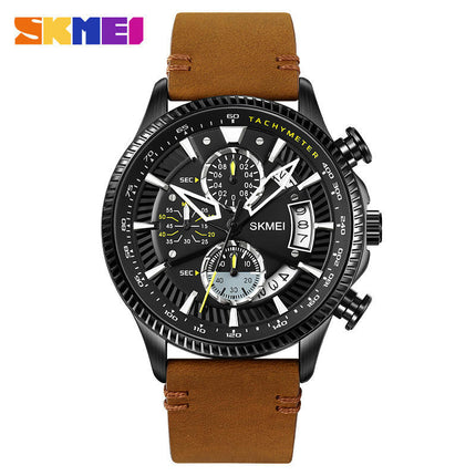 Men's Analog Quartz Watch Chronograph Waterproof Wristwatch with Leather Strap