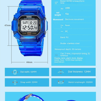 Outdoor Sport LED Digital Watches Transparent Wristwatch for Women with Stopwatch Date Waterproof