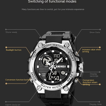 Men's Digital Analog Waterproof Watches with Stopwatch LED Light Multifunctional Wrist Watches