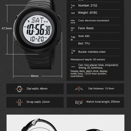 Men's Digital Sports Watch, Waterproof LED Alarm Multifunction Watch