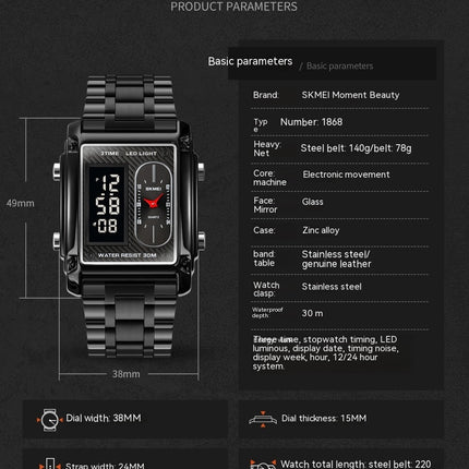 Men's Waterproof Multifunction Electronic LED Digital Analog Square Watch