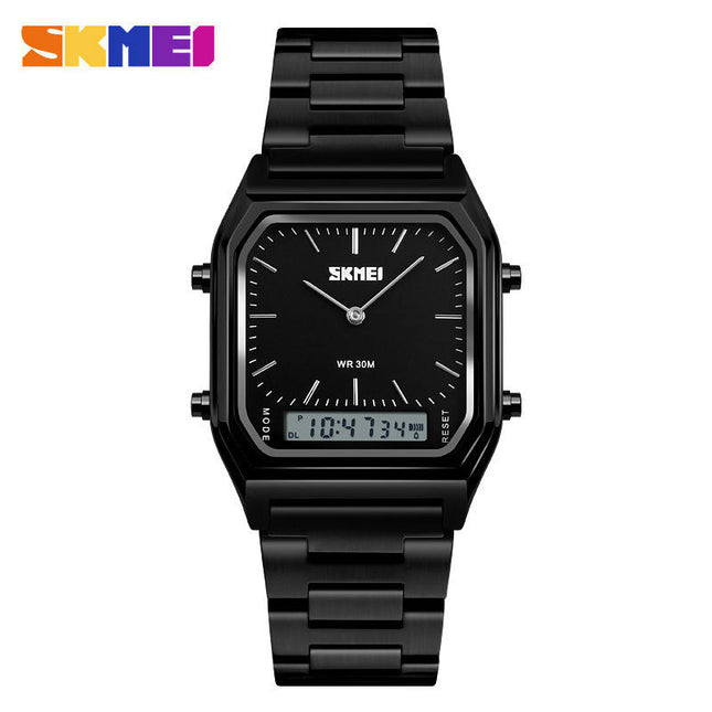 Men Square Multifunction Dual Display Wristwatches Stainless Steel Strap Analog Watches