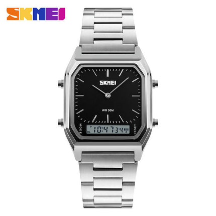 Men Square Multifunction Dual Display Wristwatches Stainless Steel Strap Analog Watches