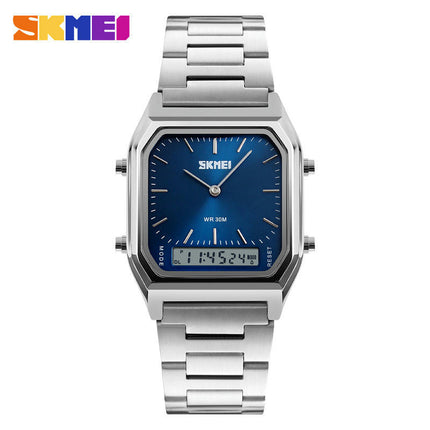 Men Square Multifunction Dual Display Wristwatches Stainless Steel Strap Analog Watches