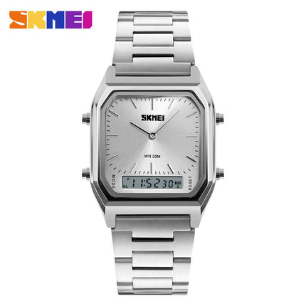 Men Square Multifunction Dual Display Wristwatches Stainless Steel Strap Analog Watches