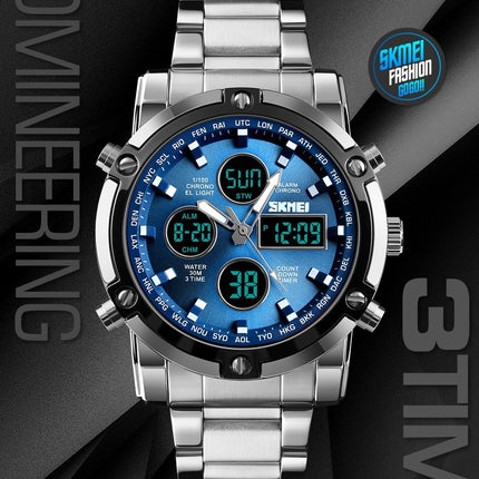 Men's Waterproof Analog Digital Watches with LED Multi Time, Stainless Steel Watches