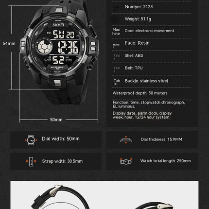 Men's Sports Watches Multifunctional Waterproof LED Alarm Backlight Stopwatch Digital Watch