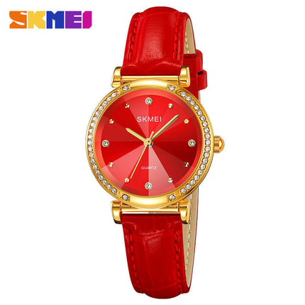 Women's Genuine Leather Strap Wrist Watch with Quartz Diamond