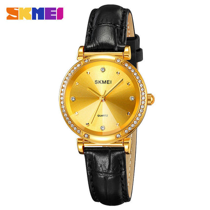 Women's Genuine Leather Strap Wrist Watch with Quartz Diamond