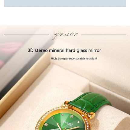 Women's Genuine Leather Strap Wrist Watch with Quartz Diamond