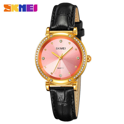 Women's Genuine Leather Strap Wrist Watch with Quartz Diamond