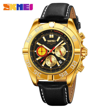 Men's Leather Strap Watches Waterproof Chronograph Date Analog Quartz Watch