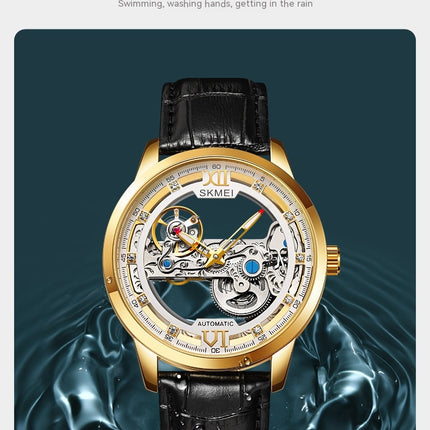 Men's Mechanical Wristwatch with Skeleton Design Leather Band Watch