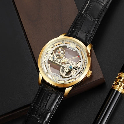 Men's Mechanical Wristwatch with Skeleton Design Leather Band Watch