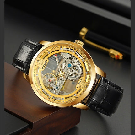 Men's Mechanical Wristwatch with Skeleton Design Leather Band Watch