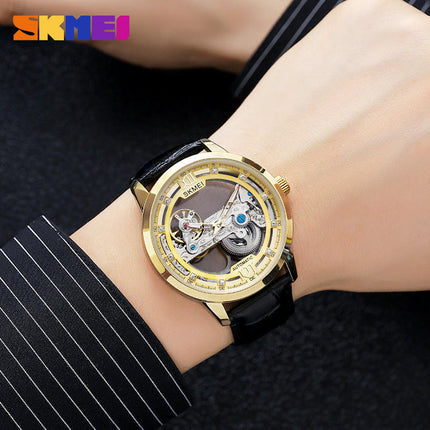 Men's Mechanical Wristwatch with Skeleton Design Leather Band Watch