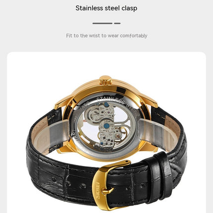 Men's Mechanical Wristwatch with Skeleton Design Leather Band Watch