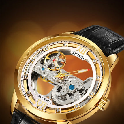 Men's Mechanical Wristwatch with Skeleton Design Leather Band Watch