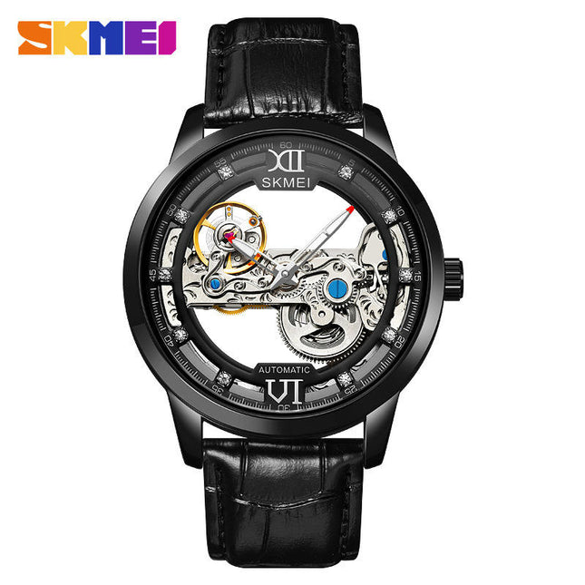 Men's Mechanical Wristwatch with Skeleton Design Leather Band Watch