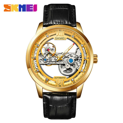 Men's Mechanical Wristwatch with Skeleton Design Leather Band Watch