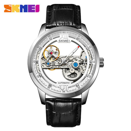 Men's Mechanical Wristwatch with Skeleton Design Leather Band Watch