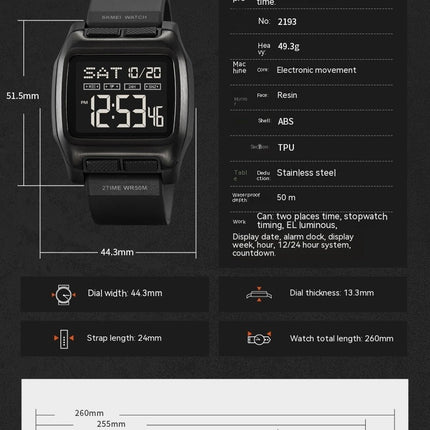 Square Men's Digital Watch Numbers Dial Large Face Waterproof LED Watches