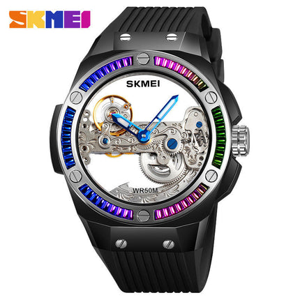 Men Skeleton Watch Automatic Mechanical Waterproof Silica Strap Watch