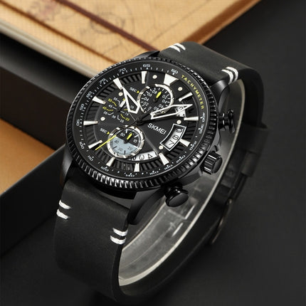 Men's Chronograph Multi-Function Waterproof Quartz Watch Leather Strap Watch