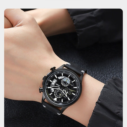 Men's Chronograph Multi-Function Waterproof Quartz Watch Leather Strap Watch