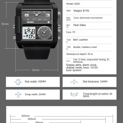 Men's Watch, Square LED Quartz Alarm 3 Time Analogue Display Watch