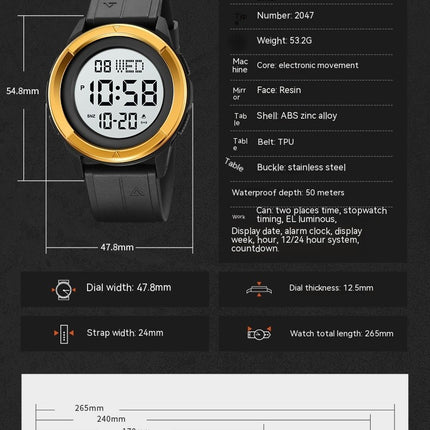Men's Digital Sports Watch, Multifunction Waterproof LED Screen Large Face Watches