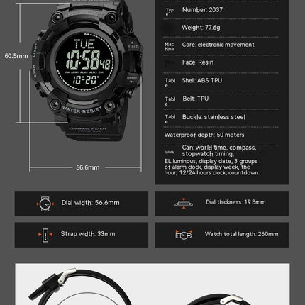 Men's Sports Electronic Watch, Multifunctional Waterproof LED Wristwatch with Stopwatch