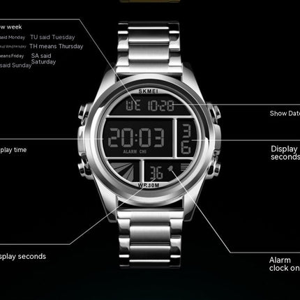 Men's Digital Watch Fashion Sports Stainless Steel Waterproof Wristwatch