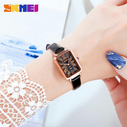 Women Quartz Watch Lady Stylish Rectangle Dress Watch with Leather Strap