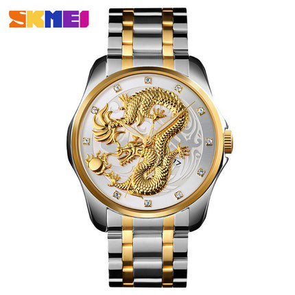 Mens Dragon Quartz Wristwatch Stainless Steel Strap with Calendar