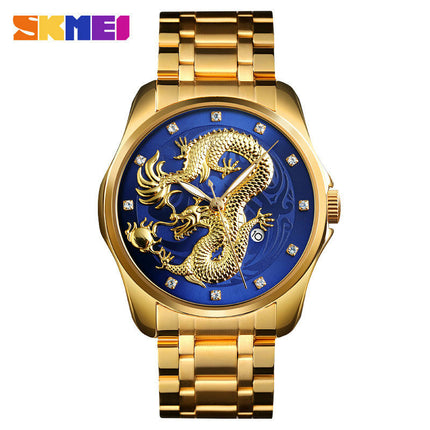 Mens Dragon Quartz Wristwatch Stainless Steel Strap with Calendar